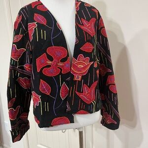Chico's Black Jacket with Red & Pink Floral Embroidery